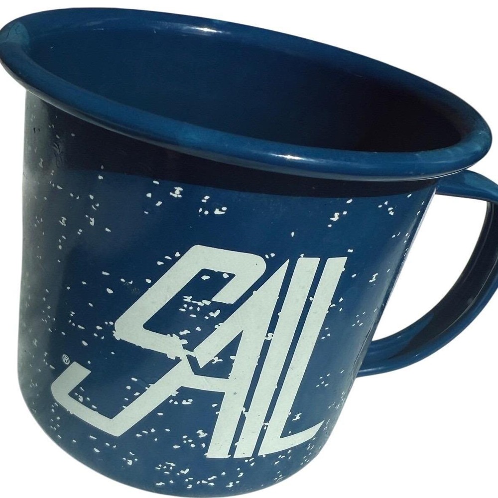 SAIL Enamelware Coffee Mug Navy Blue Speckled Camping Cup Nautical Outdoor Tin